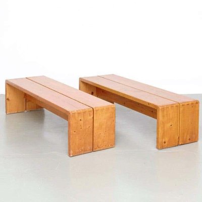 Large Table & Benches for Les Arcs attributed to Charlotte Perriand, 1960s, Set of 3-WM-1394519