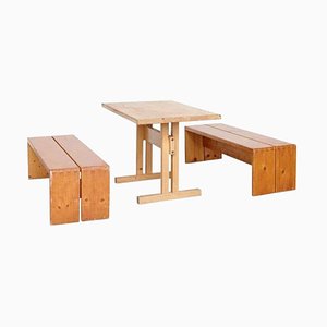 Large Table & Benches for Les Arcs attributed to Charlotte Perriand, 1960s, Set of 3-WM-1394519