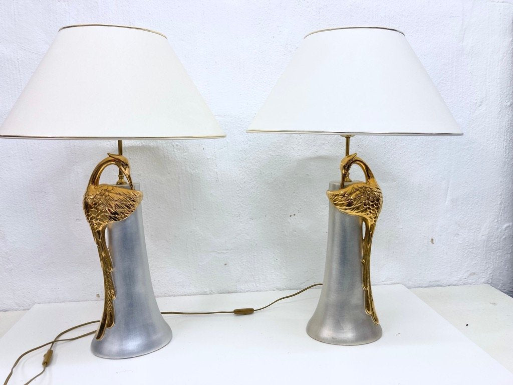 Large Table Lamps with Porcelain Herons, 1980s, Set of 2