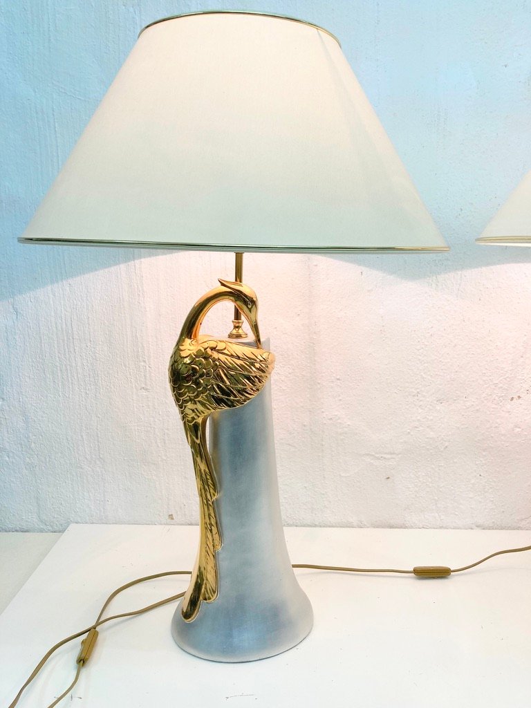 Large Table Lamps with Porcelain Herons, 1980s, Set of 2