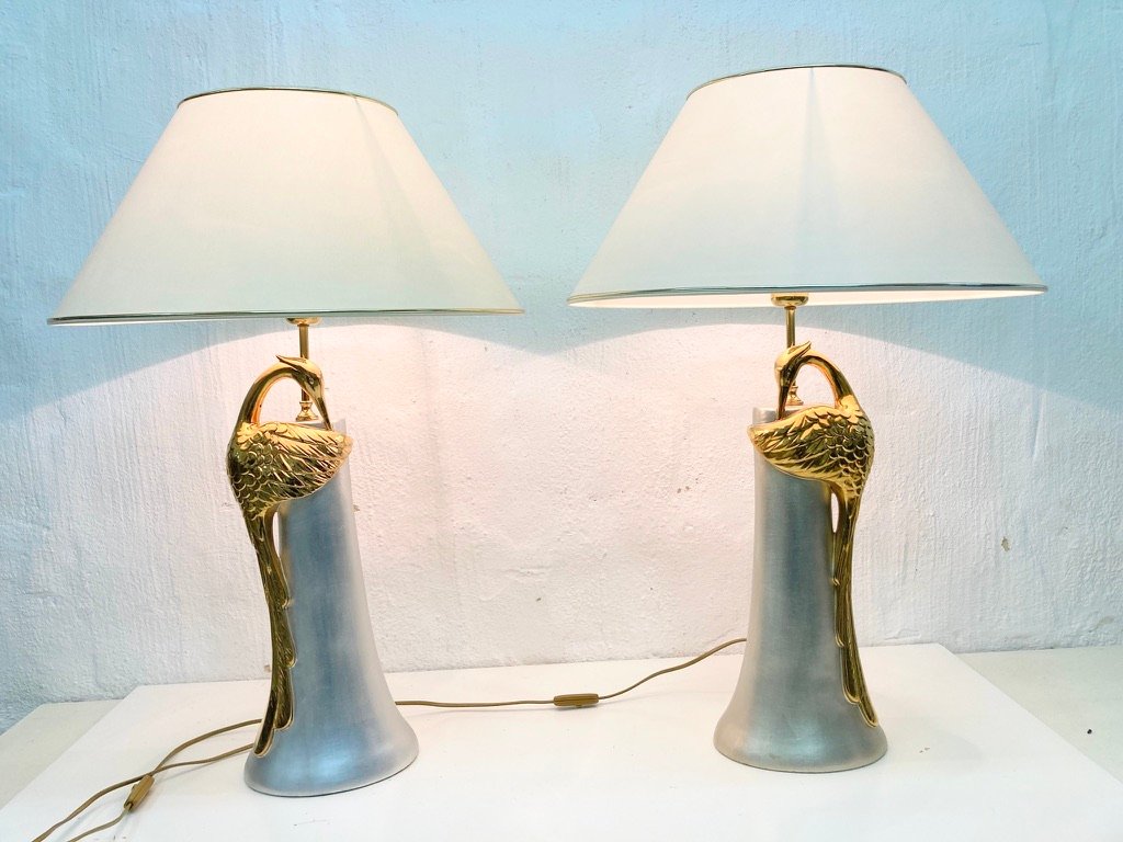 Large Table Lamps with Porcelain Herons, 1980s, Set of 2