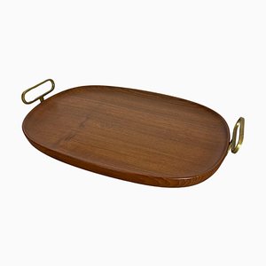 Large Teak Tray Plate Element with Brass Handle attributed to Carl Auböck, Austria, 1950s-QZ-1772929