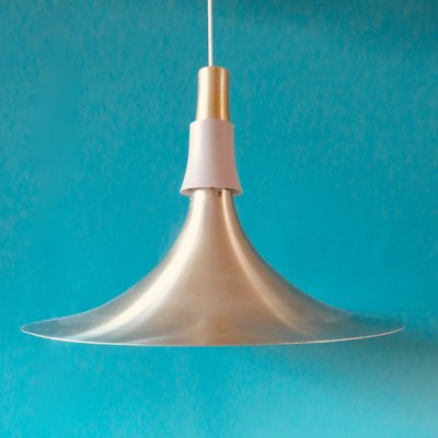 Large Trumpet Ceiling Lamp in Brushed-Gold Aluminum, Denmark, 1970s-AC-1787008