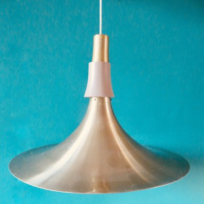 Large Trumpet Ceiling Lamp in Brushed-Gold Aluminum, Denmark, 1970s-AC-1787008