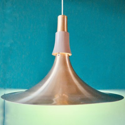 Large Trumpet Ceiling Lamp in Brushed-Gold Aluminum, Denmark, 1970s-AC-1787008