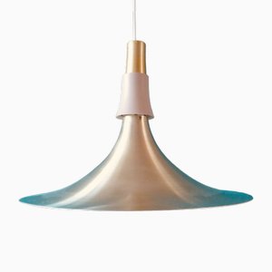 Large Trumpet Ceiling Lamp in Brushed-Gold Aluminum, Denmark, 1970s-AC-1787008