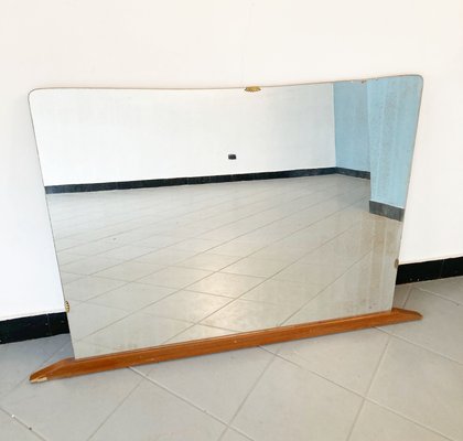 Large Unframed Mirror with Lower Wooden Bar & Brass Fan Mounts, 1950s-GGK-1107198