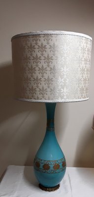 Large Vintage Blue and Green Table Lamp with White Fabric Shade, 1970s-HOI-1766999