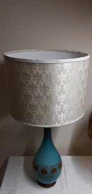 Large Vintage Blue and Green Table Lamp with White Fabric Shade, 1970s-HOI-1766999