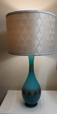 Large Vintage Blue and Green Table Lamp with White Fabric Shade, 1970s-HOI-1766999