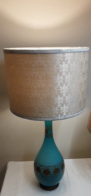 Large Vintage Blue and Green Table Lamp with White Fabric Shade, 1970s-HOI-1766999