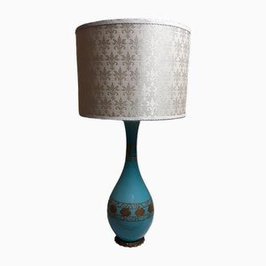 Large Vintage Blue and Green Table Lamp with White Fabric Shade, 1970s-HOI-1766999