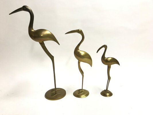 Large Vintage Brass Crane Birds, 1970s, Set of 3-IRH-806347