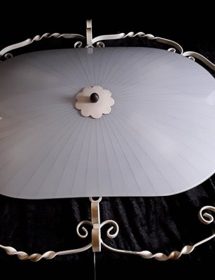 Large Vintage Ceiling Lamp with Cream Painted Wrought Iron Mount, Oval Glass Bowl, 4 Lights and Brass Ball Finial, 1960s-HOI-980459