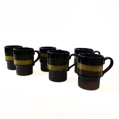 Large Vintage Coffee Mugs in Brown, Green and Yellow from Laholm, Sweden, Set of 6-JKV-1787143