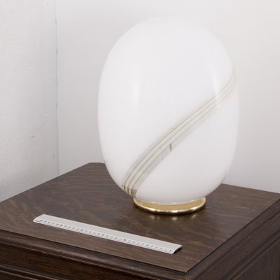 Large Vintage Egg-Shaped Table Lamp in White Murano Glass With Amber Spiral Filigree-MPO-1297201