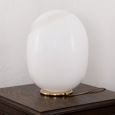 Large Vintage Egg-Shaped Table Lamp in White Murano Glass With Amber Spiral Filigree-MPO-1297201