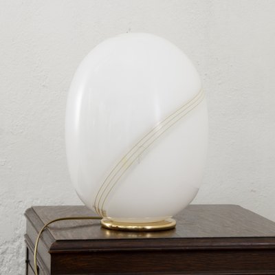 Large Vintage Egg-Shaped Table Lamp in White Murano Glass With Amber Spiral Filigree-MPO-1297201