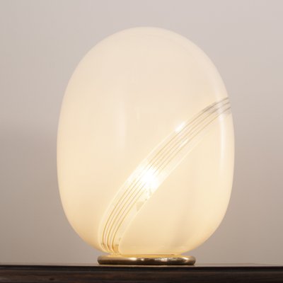 Large Vintage Egg-Shaped Table Lamp in White Murano Glass With Amber Spiral Filigree-MPO-1297201