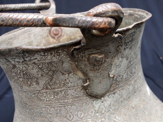 Large Vintage Engraved Islamic Tinned Bucket in Copper, 1920s-UZN-1395098