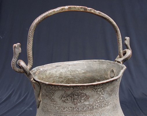 Large Vintage Engraved Islamic Tinned Bucket in Copper, 1920s-UZN-1395098