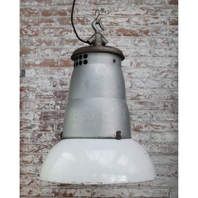 Large Vintage French Industrial Light Grey Enamel Pendant Lights from Mazda-BLS-1122355