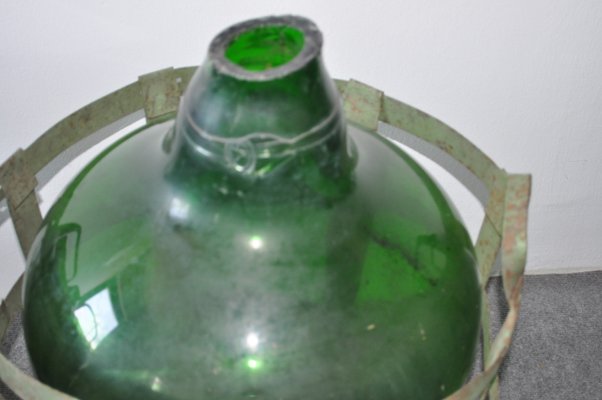 Large Vintage Glass Bottle with Metal Basket-OXJ-1703845