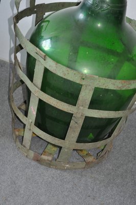 Large Vintage Glass Bottle with Metal Basket-OXJ-1703845