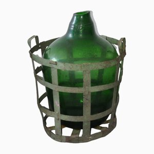 Large Vintage Glass Bottle with Metal Basket-OXJ-1703845