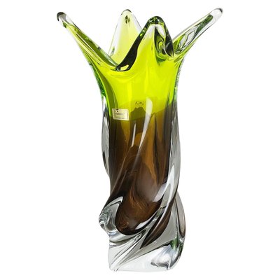 Large Vintage Green Brown Hand Blown Crystal Glass Vase from Joska, Germany, 1970s-QZ-1151861