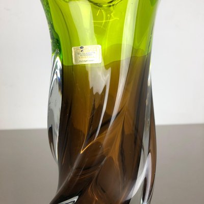 Large Vintage Green Brown Hand Blown Crystal Glass Vase from Joska, Germany, 1970s-QZ-1151861