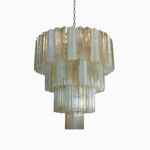 Large Vintage Italian Chrome and Opaline, Amber, and Clear Murano Glass Chandelier, 1980s-FHZ-595793