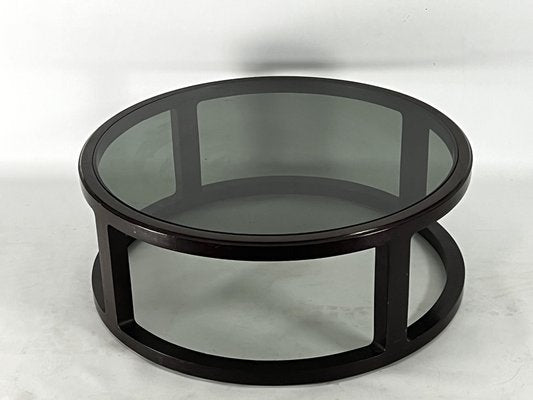 Large Vintage Italian Round Coffee Table in Wood and Fume Glass. 1970s-OT-1730448