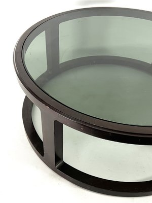 Large Vintage Italian Round Coffee Table in Wood and Fume Glass. 1970s-OT-1730448