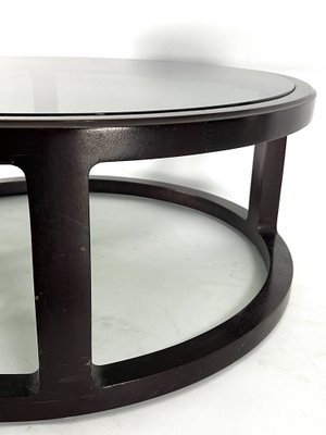 Large Vintage Italian Round Coffee Table in Wood and Fume Glass. 1970s-OT-1730448