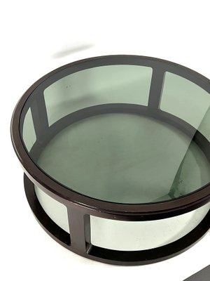 Large Vintage Italian Round Coffee Table in Wood and Fume Glass. 1970s-OT-1730448