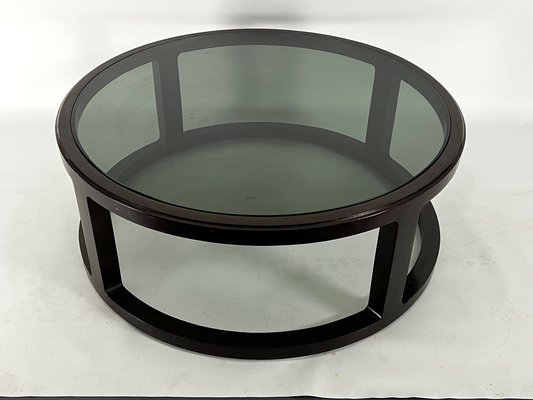 Large Vintage Italian Round Coffee Table in Wood and Fume Glass. 1970s-OT-1730448