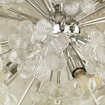 Large Vintage Italian Sputnik Chandelier with Flowers in Crystal Murano Glass & Chrome Frame-MPO-985300