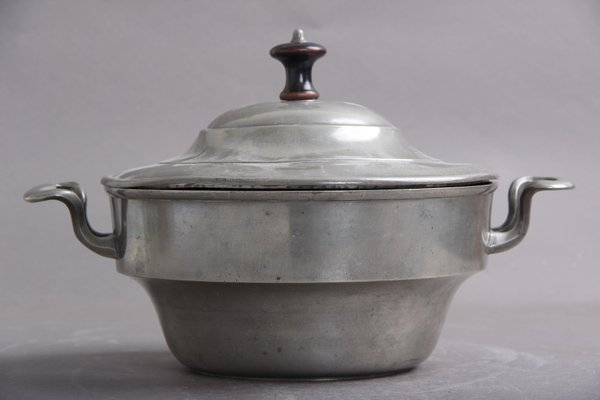 Large Vintage Pewter Pot with 2 Handles & Lid with Wooden Handle-DQ-1362137