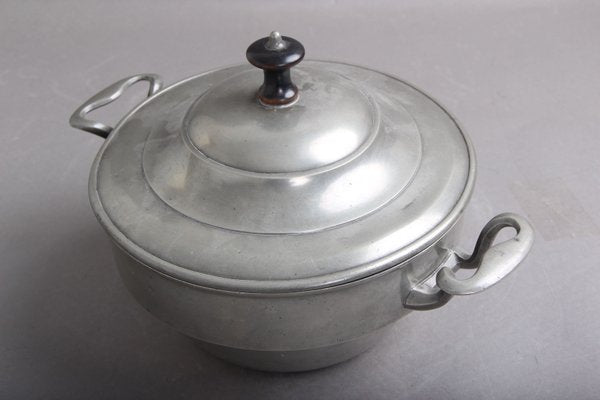 Large Vintage Pewter Pot with 2 Handles & Lid with Wooden Handle-DQ-1362137