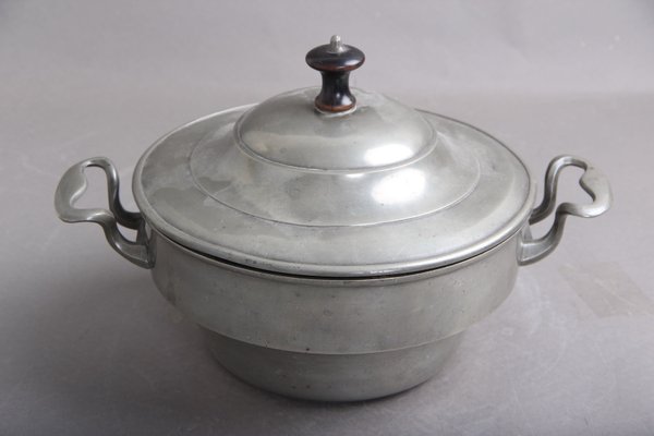 Large Vintage Pewter Pot with 2 Handles & Lid with Wooden Handle-DQ-1362137