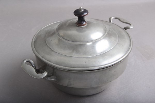 Large Vintage Pewter Pot with 2 Handles & Lid with Wooden Handle-DQ-1362137