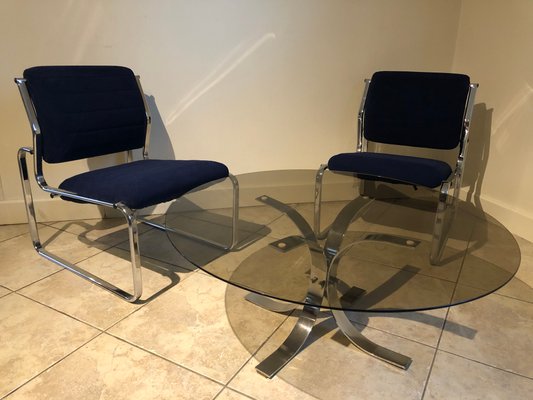 Large Vintage Smoked Glass and Chrome Coffee Table, 1970s-OJT-847790