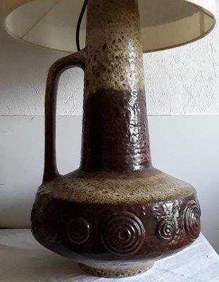 Large Vintage Table Lamp Fat Lava Style Brown Ceramic With Beige Fabric Shade From the 70 of Hustadt Lights-HOI-946085