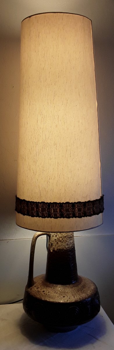 Large Vintage Table Lamp Fat Lava Style Brown Ceramic With Beige Fabric Shade From the 70 of Hustadt Lights