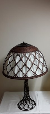 Large Vintage Table Lamp with a Metal Foot in a Braided Look and a Fabric -Related Pipe Mesh Screen, 1980s-HOI-1743101