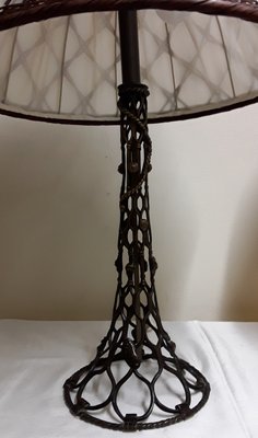 Large Vintage Table Lamp with a Metal Foot in a Braided Look and a Fabric -Related Pipe Mesh Screen, 1980s-HOI-1743101