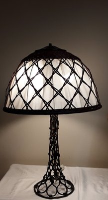 Large Vintage Table Lamp with a Metal Foot in a Braided Look and a Fabric -Related Pipe Mesh Screen, 1980s-HOI-1743101