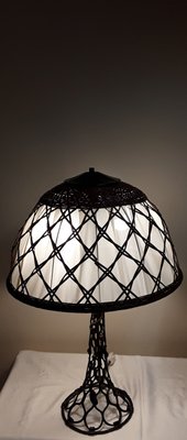 Large Vintage Table Lamp with a Metal Foot in a Braided Look and a Fabric -Related Pipe Mesh Screen, 1980s-HOI-1743101