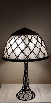 Large Vintage Table Lamp with a Metal Foot in a Braided Look and a Fabric -Related Pipe Mesh Screen, 1980s-HOI-1743101